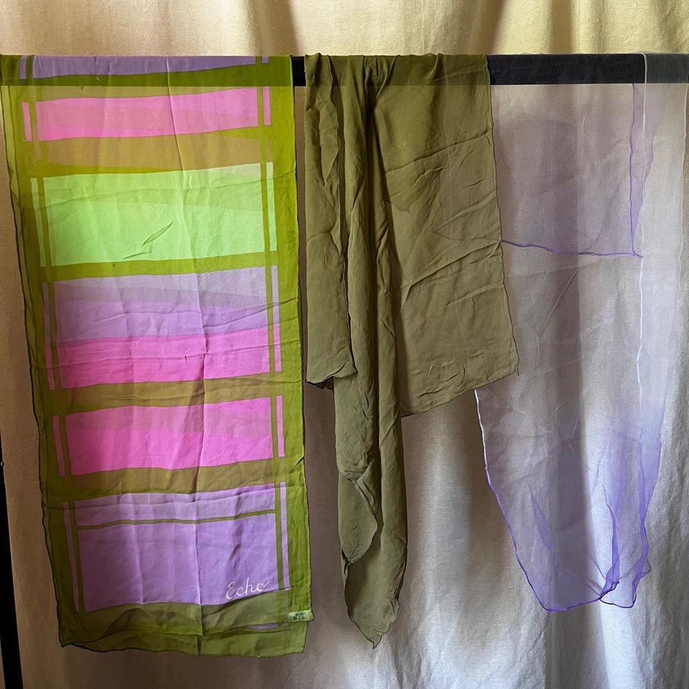 Vintage Scarf Lot of 3 Silk Chiffon Scarves Green Pink Purple Echo Scarf